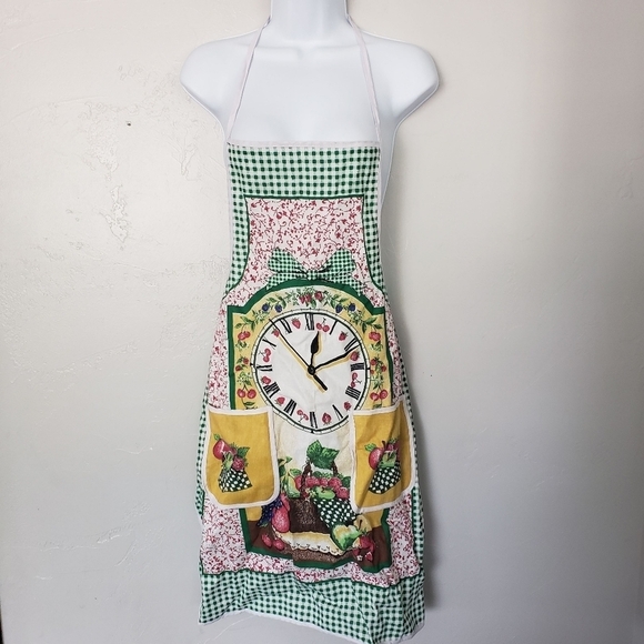 Vintage Apron Smock Green Gingham Plaid Red Apples Clock Yellow Fall Harvest - Picture 1 of 7